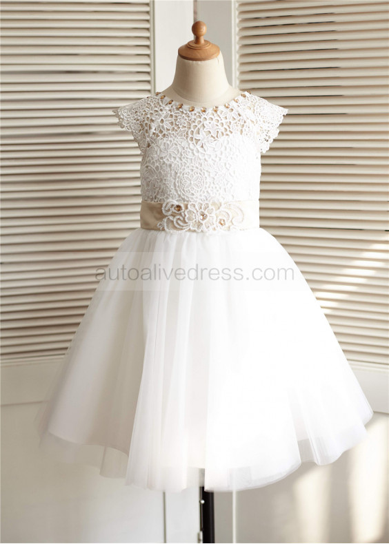 Ivory Lace Tulle Beaded Sash Knee Length Flower Girl Dress